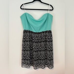 Deb Women’s Strapless Mini Dress Aqua Blue Geometric Print Y2K Party Size XL